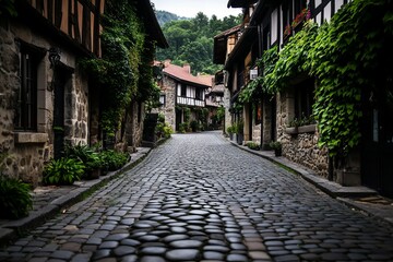 A charming European cobblestone street lined with stone houses, greenery, and flower boxes. The peaceful atmosphere invites a slow stroll through the historic village