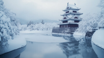 雪に包まれた弘前城と冬の風景