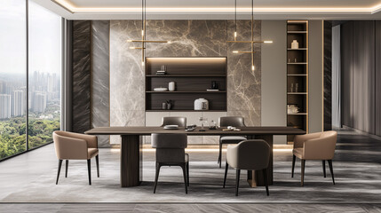 Minimalist dining area with neutral tones, an elegant wooden table, and subtle hanging lights for a cozy feel