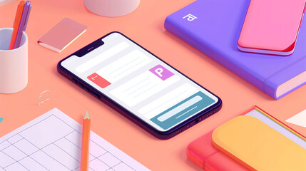 Fototapeta premium An illustration of an educational app on a phone, a cost estimate, mobile app development