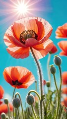 Obraz premium The image of poppies on a meadow. Crimson Waves on Emerald Fields: The Poppy Meadow