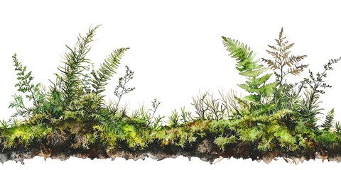 Fototapeta premium Delicate fern fronds and moss watercolor bottom border