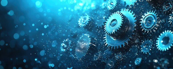Futuristic background featuring interconnected blue gears and digital networks in a high-tech environment