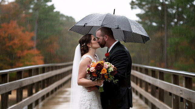 romantic couple sharing kiss under umbrella in rain, surrounded by natures beauty. scene captures love and intimacy on rainy wedding day