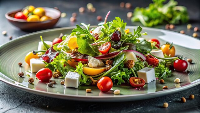 Low angle view of gourmet salad and artistic plating showcase