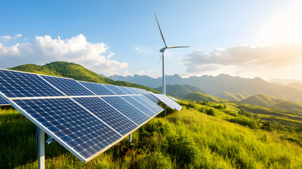 A hillside covered in solar panels and wind turbines representing green technology and renewable energy solutions to combat climate change, reduce energy consumption, and promote sustainability.