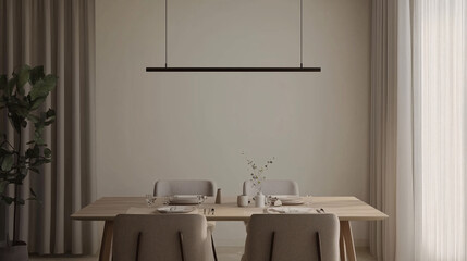 Minimalist dining room with a monochrome table setting, neutral-toned chairs, and a subtle pendant light
