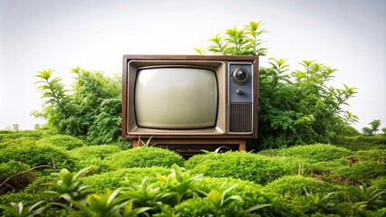 Low angle view of green plants with retro TV