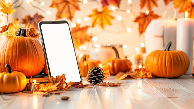 White cell phone is on a table with a pile of orange pumpkins and leaves, Halloween theme
