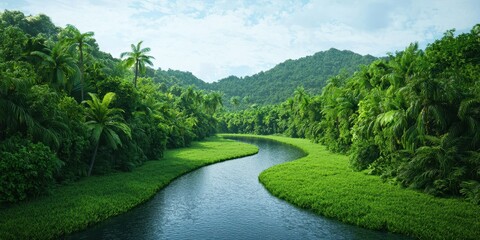 Obraz premium Lush green landscape with a winding river and mountains under a blue sky.