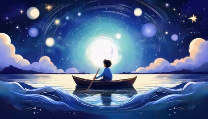 Boy on a lake in a small boat in Front of the moon and lots of stars in the night sky Comic Sketch Style