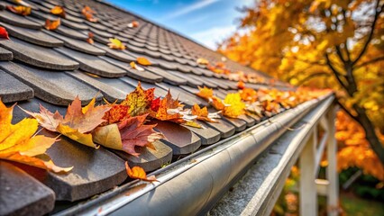 Low angle view of house roof gutter filled with autumn leaves