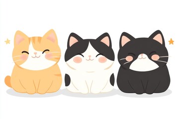 Fototapeta premium Three cartoon cats sitting side by side with soft pastel tones and simple expressions creating a cute and minimalist design perfect for children’s illustrations or wallpapers