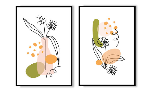 Set of two hand drawn minimalist line art flowers with organic shapes wall art vector. Boho poster vector collection