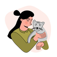 Girl kisses a cat illustration. Woman loves cat illustration character