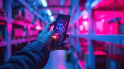 Hand holding smartphone in neon-lit warehouse with digital interface display. Innovative technology in logistics and inventory management.