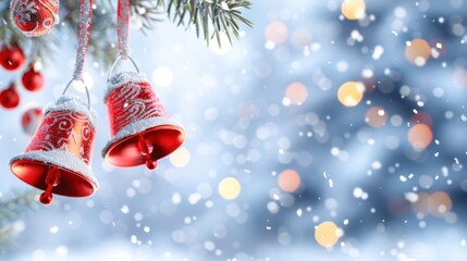 Festive red bells on snowy pine branch with blurred lights in the background. christmas decorations, winter holidays, and seasonal celebrations.