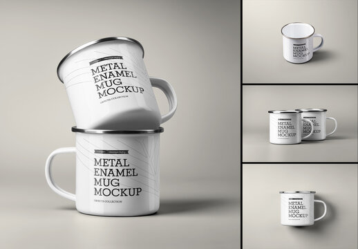 4 Mockups of Enameled Mug with Chrome Rim