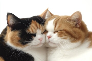 Three cats cuddling their faces pressed together in a loving embrace captured in a warm and intimate moment of closeness and comfort in a soft quiet image