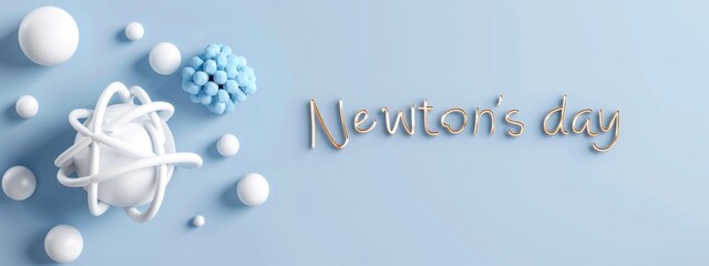Scientific spheres on blue background with 'newton's day' text in playful font. science celebration and educational concepts.