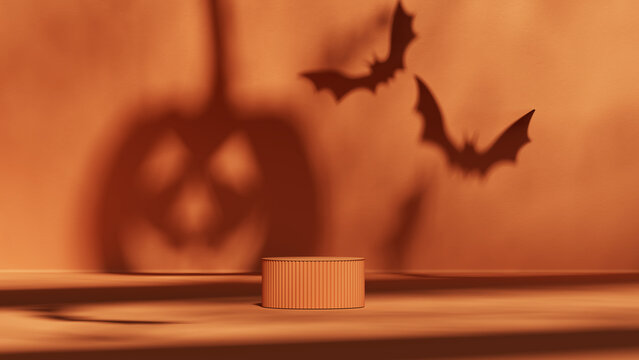 3D pedestal podium, orange background. Pumpkin shadow with flying bat . Halloween Jack o lantern display showcase. Autumn product promotion. Abstract spooky fall. 3D render illustration	
