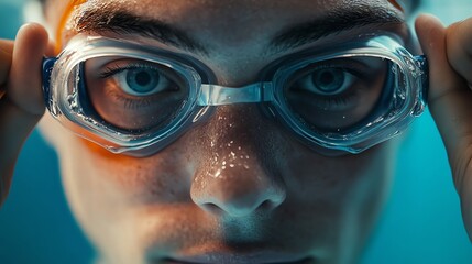 A swimmer's face with water droplets.
