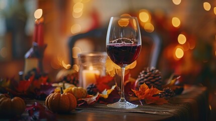 Glass of red wine on festive autumn table with candles and decorative pumpkins. Celebrations, warm gatherings, and enjoying cozy seasonal atmospheres.