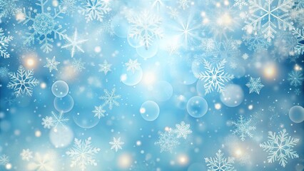 Winter Christmas background with falling snowflakes and bokeh lights spots on a pastel blue background close-up