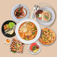 seafood pasta with burger, pizza, salad, breakfast, chicken, curry fish top view group set on white marble table western spaghetti cuisine halal food hotel luxury cafe menu cover design
