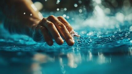 A hand reaches into a pool of water, creating ripples.