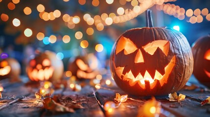 Naklejka premium Pumpkin with a scary face is lit up and surrounded by leaves, Halloween theme