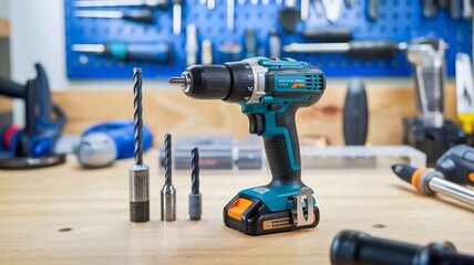 Cordless drill is standing on a workbench with various drill bits and other tools in the background