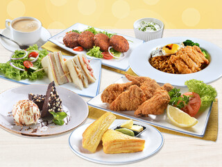 seafood pasta with burger, pizza, salad, breakfast, chicken, curry fish top view group set on white marble table western spaghetti cuisine halal food hotel luxury cafe menu cover design