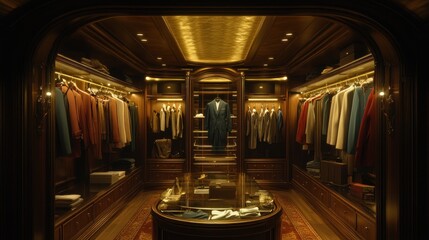 Elegant walk-in closet showcasing tailored suits and luxury decor.