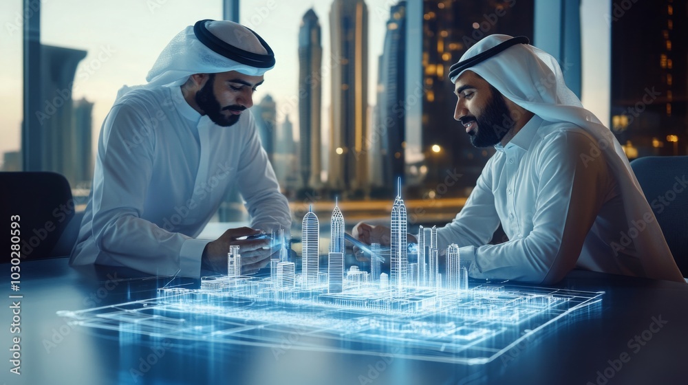 Aufkleber two men in traditional attire discuss urban planning while examining a holographic display of a city