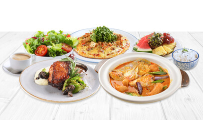 seafood pasta with burger, pizza, salad, breakfast, chicken, curry fish top view group set on white marble table western spaghetti cuisine halal food hotel luxury cafe menu cover design