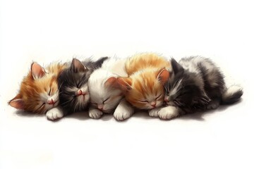 Three kittens sleeping closely together in a soft cuddly arrangement their fur blending in shades of brown orange and white creating a cozy and heartwarming moment