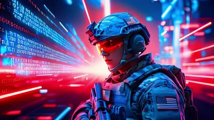 A soldier in futuristic armor with an American flag on his helmet, standing in front of a glowing digital screen. - Powered by Adobe