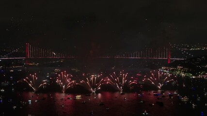 100th Anniversary Celebrations of the Republic of Türkiye Fireworks Show Drone Video, 15 July Martyrs Bridge Uskudar Istanbul, Turkiye (Turkey)