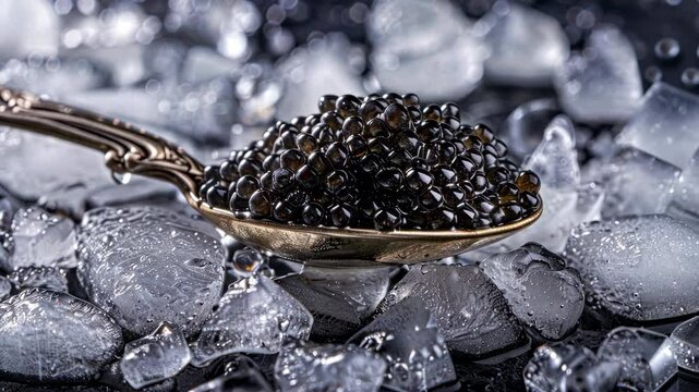 Black sturgeon caviar on a silver spoon. Dark background with melting ice cubes.
