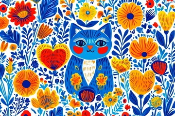 Vibrant folk inspired illustration featuring a blue cat surrounded by orange and yellow flowers creating a lively and colorful scene filled with intricate details