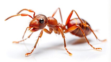 Low angle view of red imported fire ant isolated on white background with selective focus