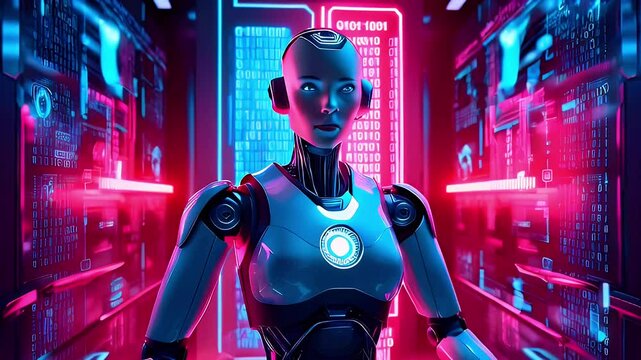 A futuristic female robot stands in front of a wall of glowing data.
