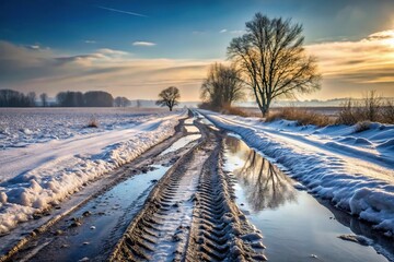 Winter landscape with tire tracks on muddy road and icy puddles