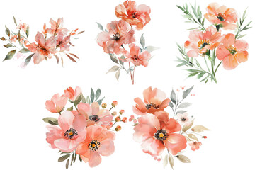 Watercolor Floral Bouquets with Soft Pink and Peach Tones, Hand-Painted Flowers with Greenery