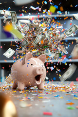 Celebration with piggy bank and cash explosion