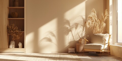 Abstract background with needle-like elements and abstract interior with books and furniture, warm and neutral tones.