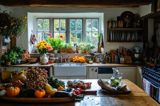 A cozy kitchen filled with fresh fruits and vibrant flowers. The sun shines through large windows, offering a warm atmosphere. Perfect for home cooking enthusiasts. Generative AI