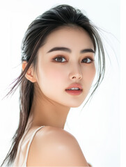 stunning photoshoot of Asian model showcasing fresh and radiant look for cosmetics advertisement against clean white background. models expressive features highlight beauty of cosmetics