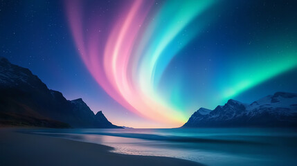 Fototapeta premium Green and pink auroras swirling in a summer sky, casting colorful light over a seasonal beach at night
